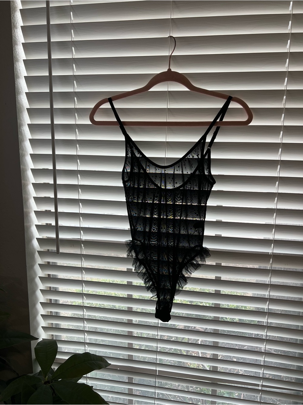 ASOS Sheer Black Lace Ruffled Bodysuit with stars Size Medium